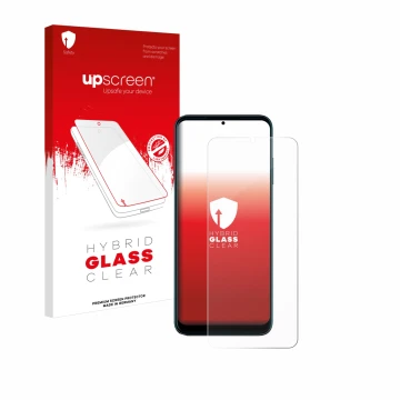 Parte frontal de un envase de producto con el logotipo de la marca upscreen. Al lado se muestra el dispositivo Telekom T Phone