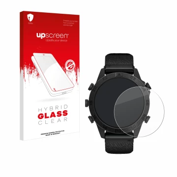 Parte frontal de un envase de producto con el logotipo de la marca upscreen. Al lado se muestra el dispositivo Garmin Marq Com