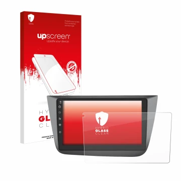 Parte frontal de un envase de producto con el logotipo de la marca upscreen. Al lado se muestra el dispositivo Topway Android 