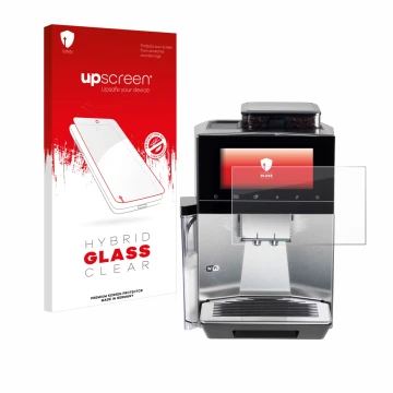 Parte frontal de un envase de producto con el logotipo de la marca upscreen. Al lado se muestra el dispositivo Siemens EQ900 T