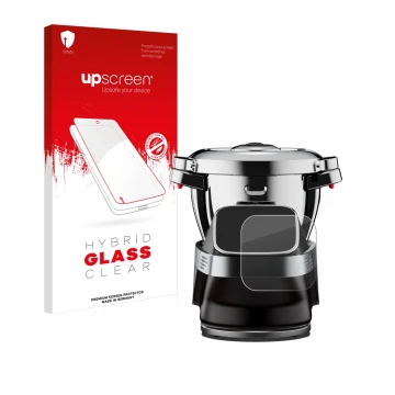 Parte frontal de un envase de producto con el logotipo de la marca upscreen. Al lado se muestra el dispositivo WMF Avantgarde 