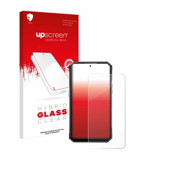 Parte frontal de un envase de producto con el logotipo de la marca upscreen. Al lado se muestra el dispositivo Oukitel WP30 Pr