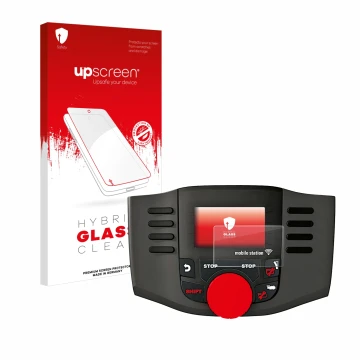 Parte frontal de un envase de producto con el logotipo de la marca upscreen. Al lado se muestra el dispositivo Märklin Mobile 