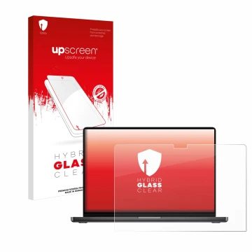 Parte frontal de un envase de producto con el logotipo de la marca upscreen. Al lado se muestra el dispositivo Apple MacBook P