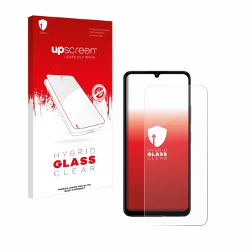 Parte frontal de un envase de producto con el logotipo de la marca upscreen. Al lado se muestra el dispositivo Xiaomi Poco C65