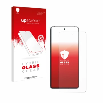 Parte frontal de un envase de producto con el logotipo de la marca upscreen. Al lado se muestra el dispositivo Vivo iQOO 12 co