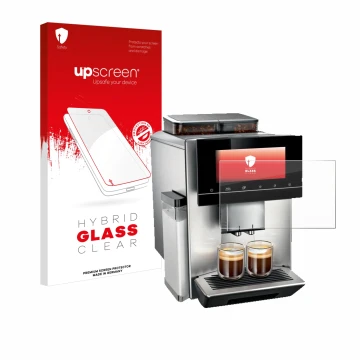 Parte frontal de un envase de producto con el logotipo de la marca upscreen. Al lado se muestra el dispositivo Siemens EQ900 T