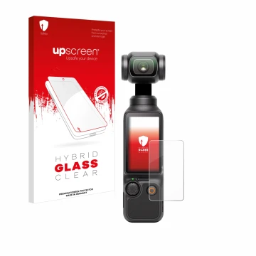 Parte frontal de un envase de producto con el logotipo de la marca upscreen. Al lado se muestra el dispositivo DJI Osmo Pocket