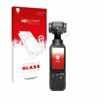 Parte frontal de un envase de producto con el logotipo de la marca upscreen. Al lado se muestra el dispositivo DJI Osmo Pocket