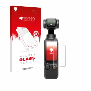 Parte frontal de un envase de producto con el logotipo de la marca upscreen. Al lado se muestra el dispositivo DJI Osmo Pocket