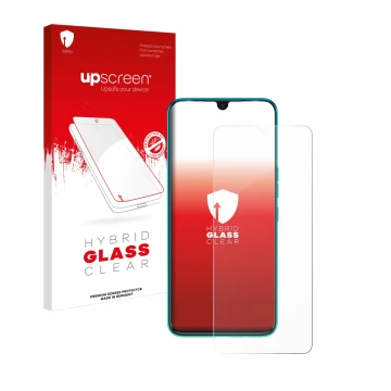 Parte frontal de un envase de producto con el logotipo de la marca upscreen. Al lado se muestra el dispositivo Tecno Spark 7 c