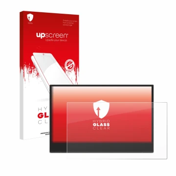 Parte frontal de un envase de producto con el logotipo de la marca upscreen. Al lado se muestra el dispositivo Lenovo L15 (15,