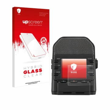 Parte frontal de un envase de producto con el logotipo de la marca upscreen. Al lado se muestra el dispositivo Zoom Q2n-4K con