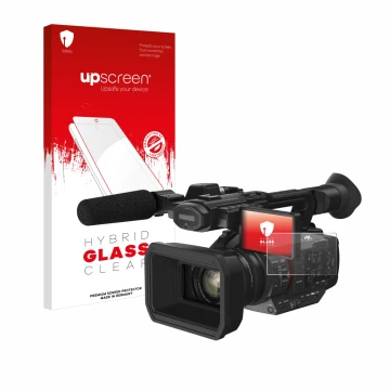 Parte frontal de un envase de producto con el logotipo de la marca upscreen. Al lado se muestra el dispositivo Panasonic HC-X2