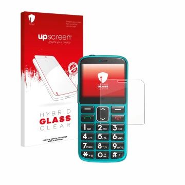 Parte frontal de un envase de producto con el logotipo de la marca upscreen. Al lado se muestra el dispositivo Uleway Senioren