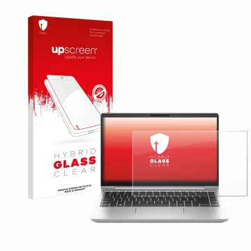 Parte frontal de un envase de producto con el logotipo de la marca upscreen. Al lado se muestra el dispositivo HP ProBook 445 