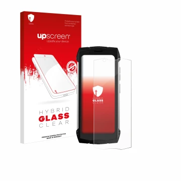 Parte frontal de un envase de producto con el logotipo de la marca upscreen. Al lado se muestra el dispositivo Doogee S Mini c