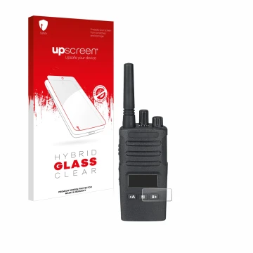 Parte frontal de un envase de producto con el logotipo de la marca upscreen. Al lado se muestra el dispositivo Motorola XT460 