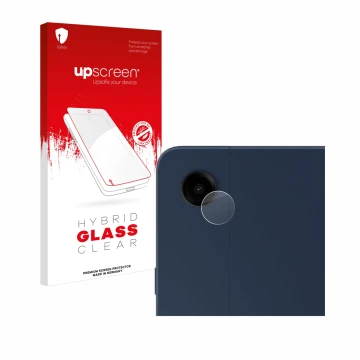 Parte frontal de un envase de producto con el logotipo de la marca upscreen. Al lado se muestra el dispositivo Samsung Galaxy 