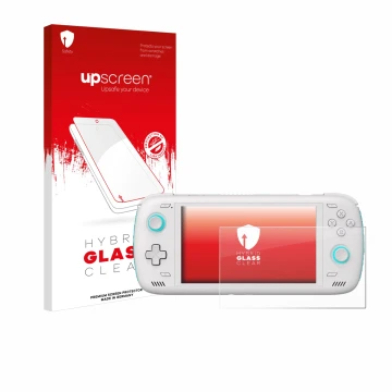 Parte frontal de un envase de producto con el logotipo de la marca upscreen. Al lado se muestra el dispositivo AYN Odin 2 con 