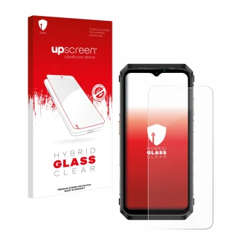 Parte frontal de un envase de producto con el logotipo de la marca upscreen. Al lado se muestra el dispositivo Ulefone Power A