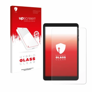 Parte frontal de un envase de producto con el logotipo de la marca upscreen. Al lado se muestra el dispositivo Doogee T20 Mini