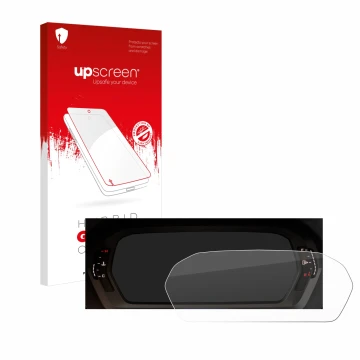 Parte frontal de un envase de producto con el logotipo de la marca upscreen. Al lado se muestra el dispositivo Audi A3 2023 Vi