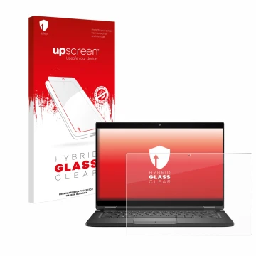 Parte frontal de un envase de producto con el logotipo de la marca upscreen. Al lado se muestra el dispositivo Dell Latitude 7