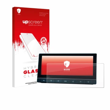 Parte frontal de un envase de producto con el logotipo de la marca upscreen. Al lado se muestra el dispositivo MG 5 IPS-HD 10.