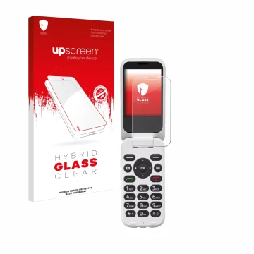 Parte frontal de un envase de producto con el logotipo de la marca upscreen. Al lado se muestra el dispositivo Doro 6820 con s