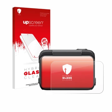 Parte frontal de un envase de producto con el logotipo de la marca upscreen. Al lado se muestra el dispositivo Insta360 Ace Pr