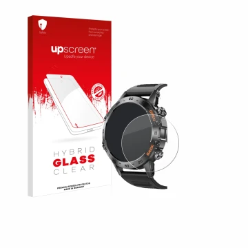 Parte frontal de un envase de producto con el logotipo de la marca upscreen. Al lado se muestra el dispositivo Lemfo Smartwatc