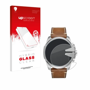 Parte frontal de un envase de producto con el logotipo de la marca upscreen. Al lado se muestra el dispositivo Diesel Mega Chi