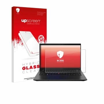 Parte frontal de un envase de producto con el logotipo de la marca upscreen. Al lado se muestra el dispositivo Lenovo ThinkPad