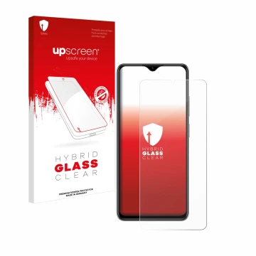 Parte frontal de un envase de producto con el logotipo de la marca upscreen. Al lado se muestra el dispositivo ZTE Blade A73 c