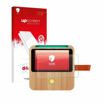 Parte frontal de un envase de producto con el logotipo de la marca upscreen. Al lado se muestra el dispositivo tigerbox Touch 