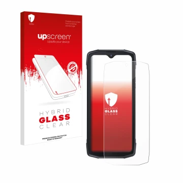 Parte frontal de un envase de producto con el logotipo de la marca upscreen. Al lado se muestra el dispositivo Cubot King Kong