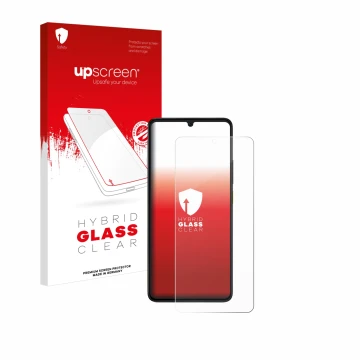 Parte frontal de un envase de producto con el logotipo de la marca upscreen. Al lado se muestra el dispositivo Xiaomi Poco X6 