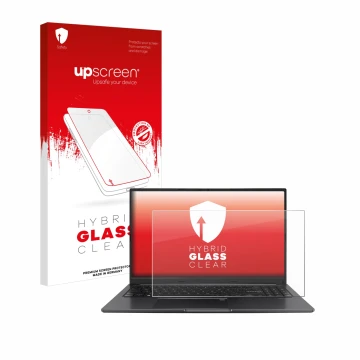 Parte frontal de un envase de producto con el logotipo de la marca upscreen. Al lado se muestra el dispositivo ASUS Vivobook 1