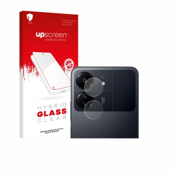 Parte frontal de un envase de producto con el logotipo de la marca upscreen. Al lado se muestra el dispositivo Xiaomi Poco C65
