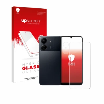 Parte frontal de un envase de producto con el logotipo de la marca upscreen. Al lado se muestra el dispositivo Xiaomi Poco C65