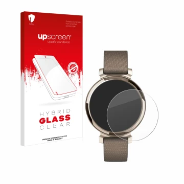 Parte frontal de un envase de producto con el logotipo de la marca upscreen. Al lado se muestra el dispositivo Garmin Lily 2 c
