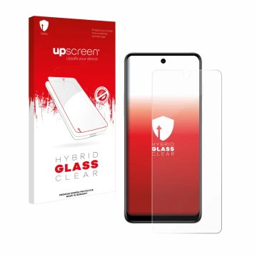 Parte frontal de un envase de producto con el logotipo de la marca upscreen. Al lado se muestra el dispositivo Motorola Moto E