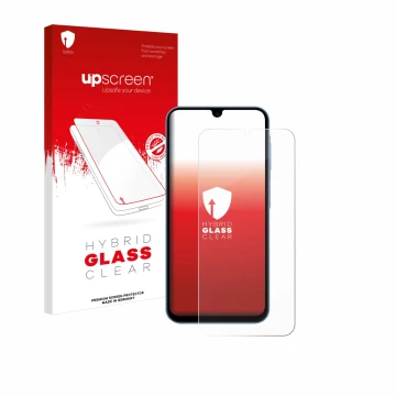 Parte frontal de un envase de producto con el logotipo de la marca upscreen. Al lado se muestra el dispositivo Samsung Galaxy 