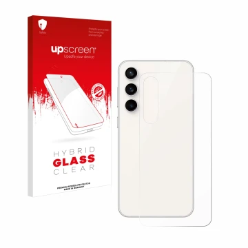 Parte frontal de un envase de producto con el logotipo de la marca upscreen. Al lado se muestra el dispositivo Samsung Galaxy 