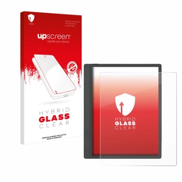 Parte frontal de un envase de producto con el logotipo de la marca upscreen. Al lado se muestra el dispositivo Boox Tab Ultra 
