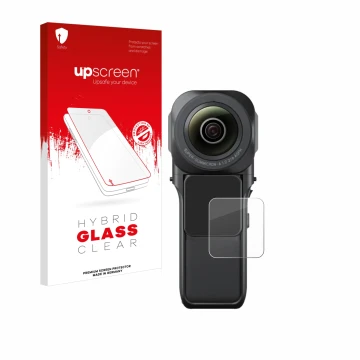 Parte frontal de un envase de producto con el logotipo de la marca upscreen. Al lado se muestra el dispositivo Insta360 One RS