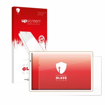 Parte frontal de un envase de producto con el logotipo de la marca upscreen. Al lado se muestra el dispositivo Facetel Q3 con 