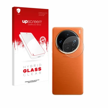 Parte frontal de un envase de producto con el logotipo de la marca upscreen. Al lado se muestra el dispositivo Vivo X100 Pro (