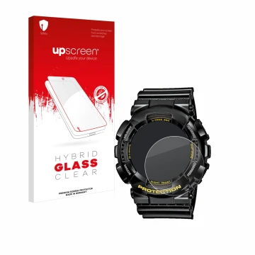 Parte frontal de un envase de producto con el logotipo de la marca upscreen. Al lado se muestra el dispositivo Casio G-Shock G